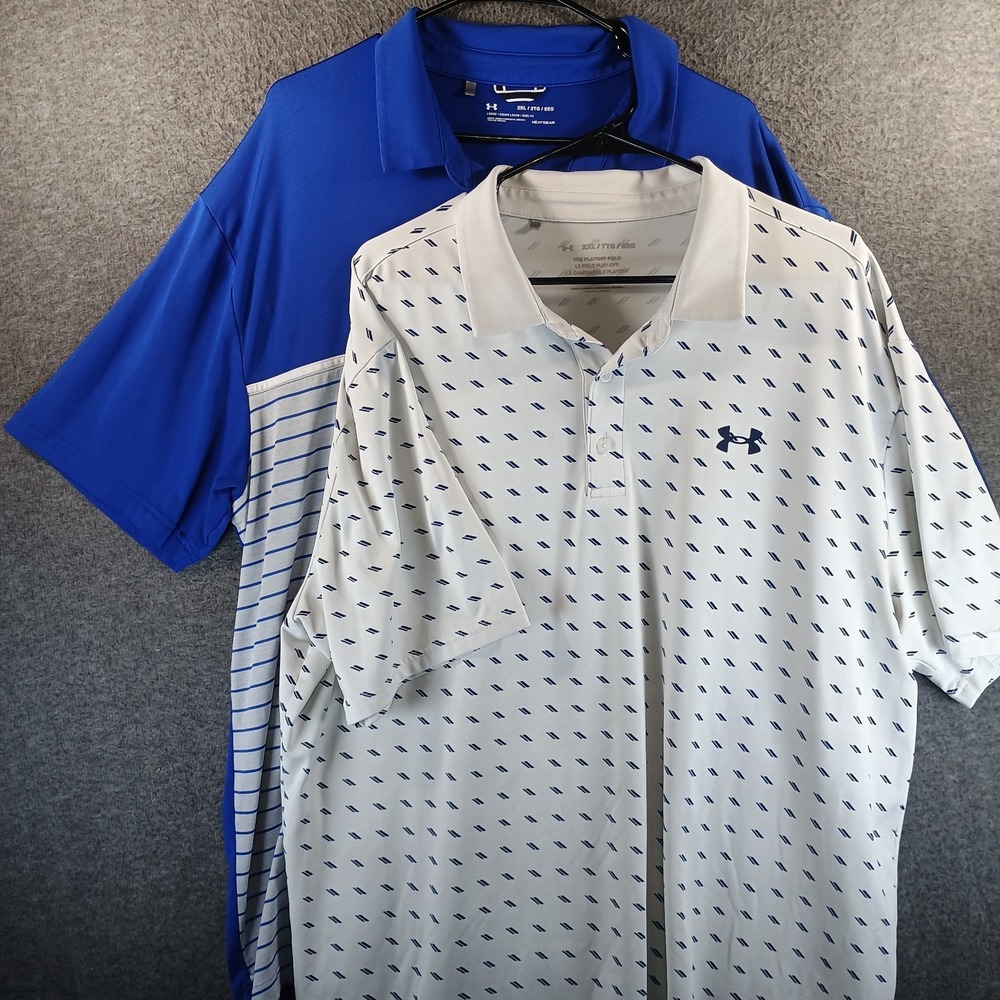 Lot of 2 Under Armour HeatGear Polos Mens XXL 2XL Playoff Mix-Up Blue White Golf